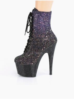 Pleaser Glitter Lace-Up Platform Adore Sexy Ankle Boot - 7” heel Black/Purple